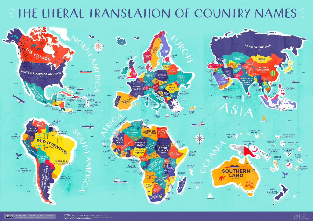 Mapa koja pokazuje bukvalno značenje imena zemalja